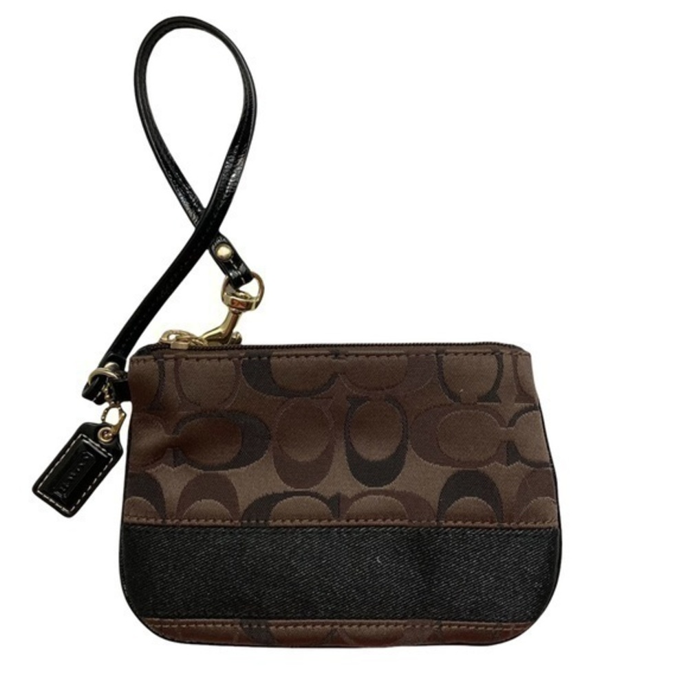 Coach brown black signature sateen wristlet bag striped
